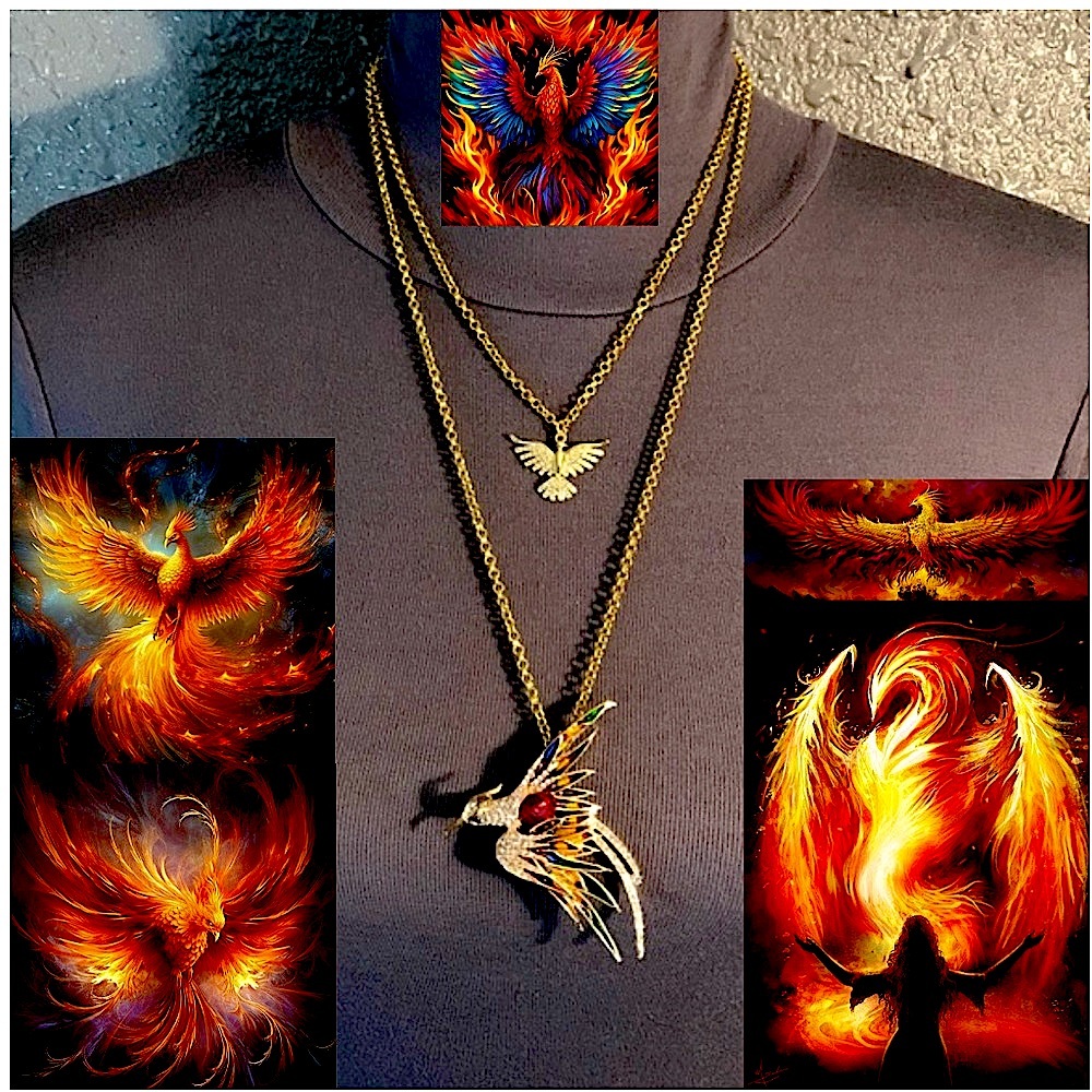 Rising Phoenix Handmade 2-Layer Gold Mythology Necklace Colorful Rhinestone Bird